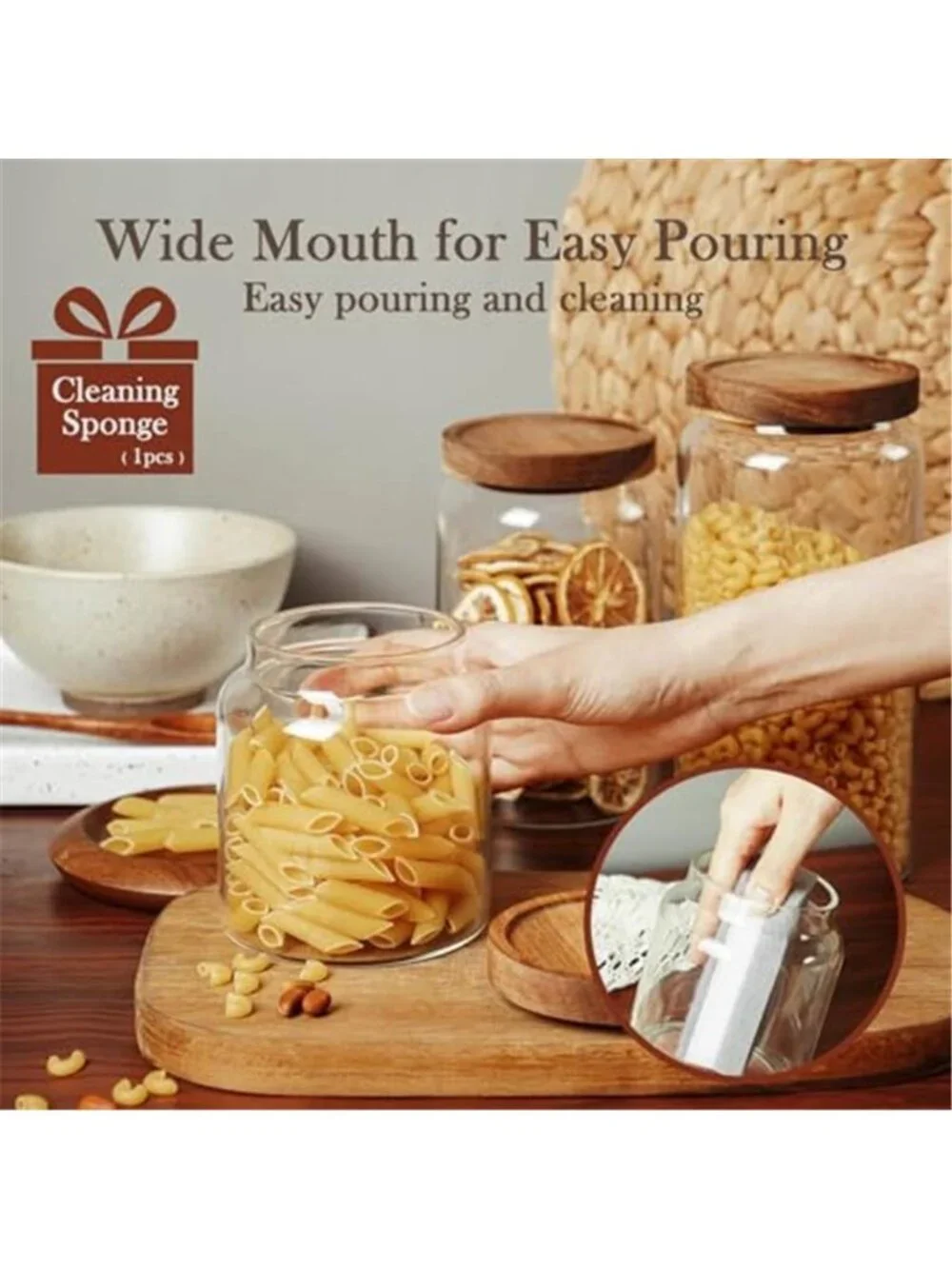 Glass Storage Container Airtight Food Jars Kitchen Canister with Wood Lids,20 Oz